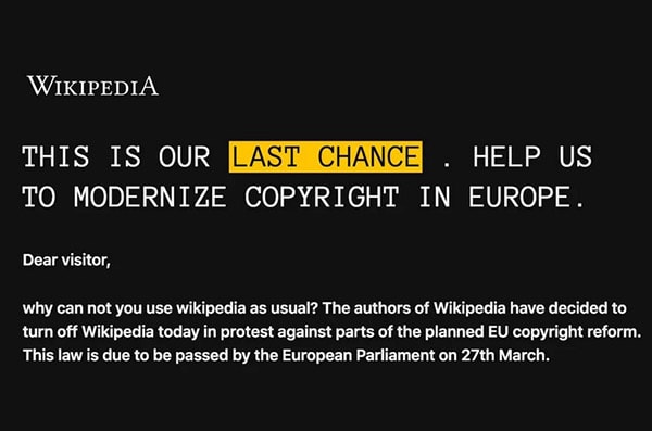 حرکت اعتراضی ویکیپدیا به قوانین کپی رایت اروپا و تعطیلی در چند کشور